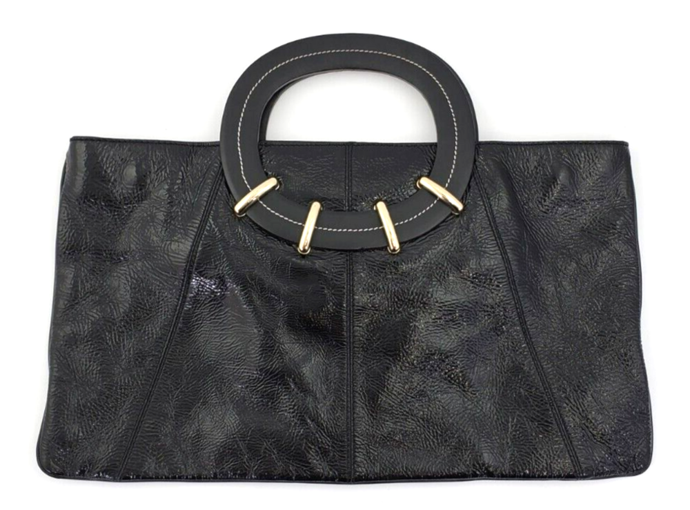 Kate Spade Used Black Patent Leather Wood Hard Handles Slim Tote/Clutch Bag